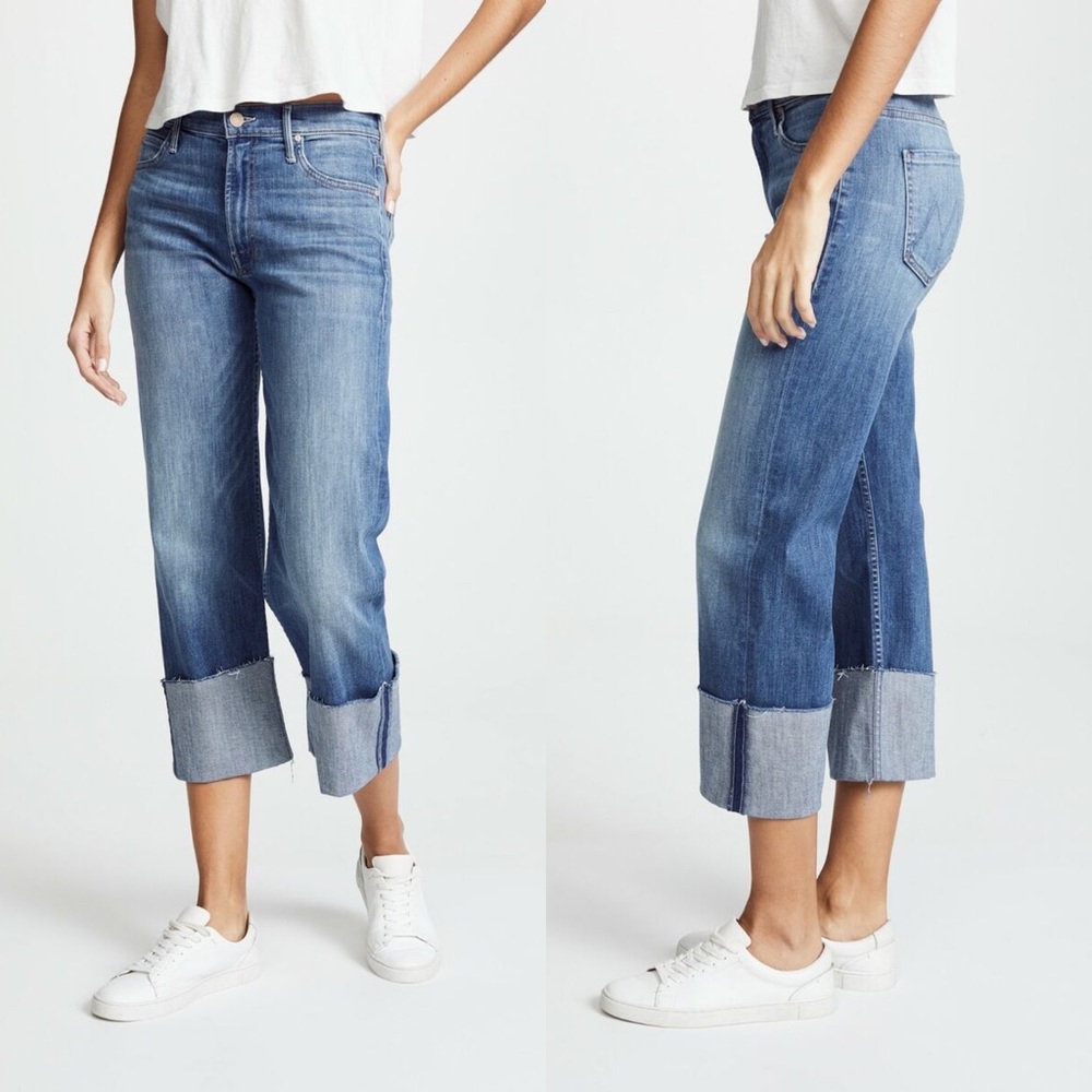 MOTHER Blue Cropped Cuffed Ankle Jeans